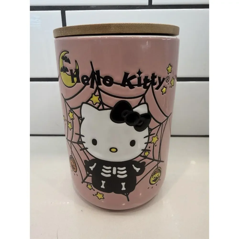 NEW Hello Kitty Skeleton Ceramic Food Storage Jar W/ Lid 40 oz Pink 💀Halloween